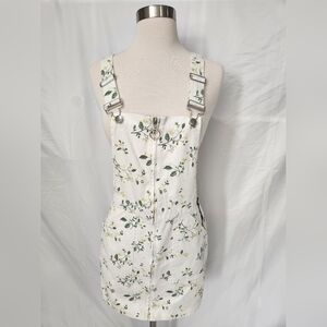 Forever 21 Denim Floral Off-White Dress Womens Small Mini Overall Front Zipper